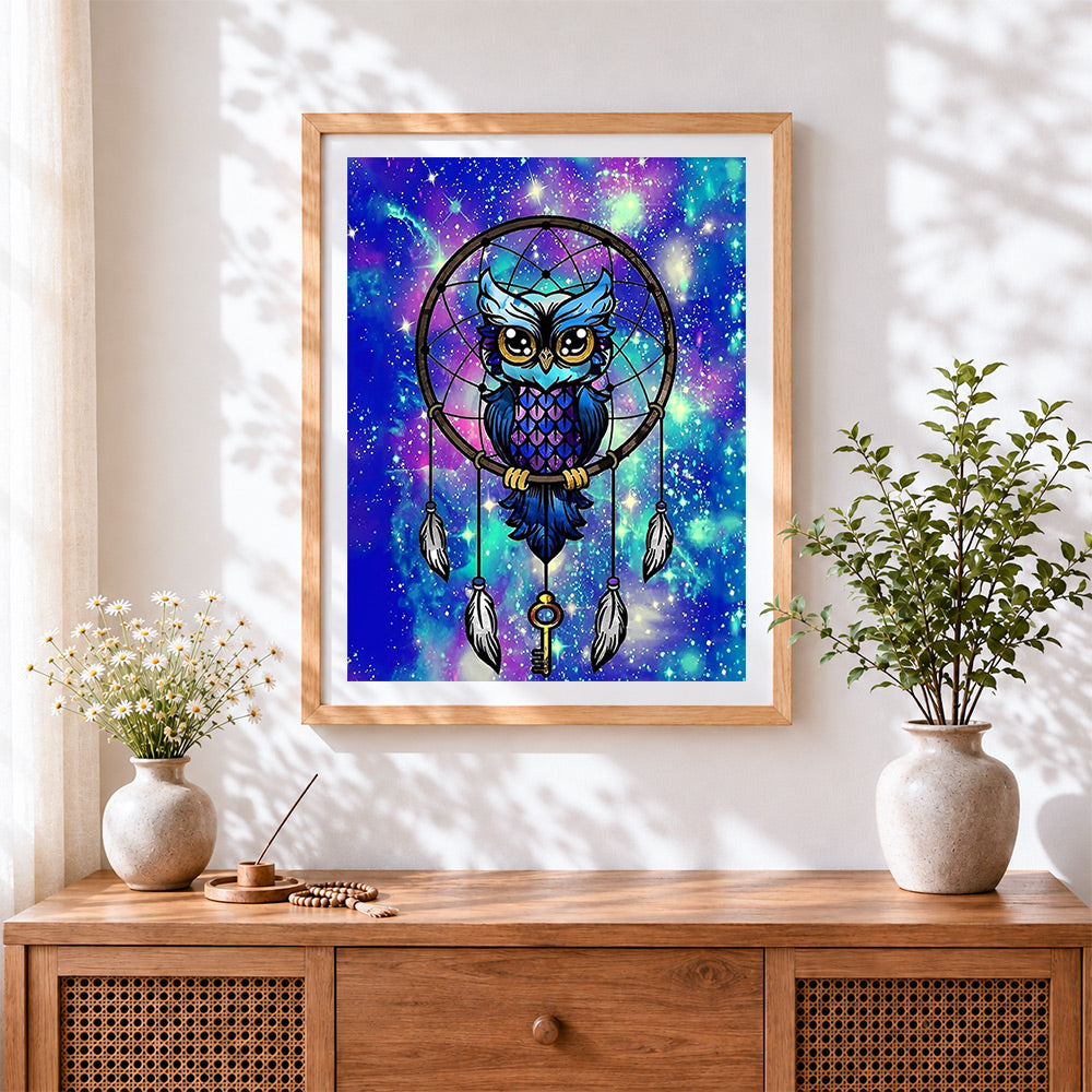Finished owl in a fantasy dreamcatcher paint by numbers artwork displayed as home decor