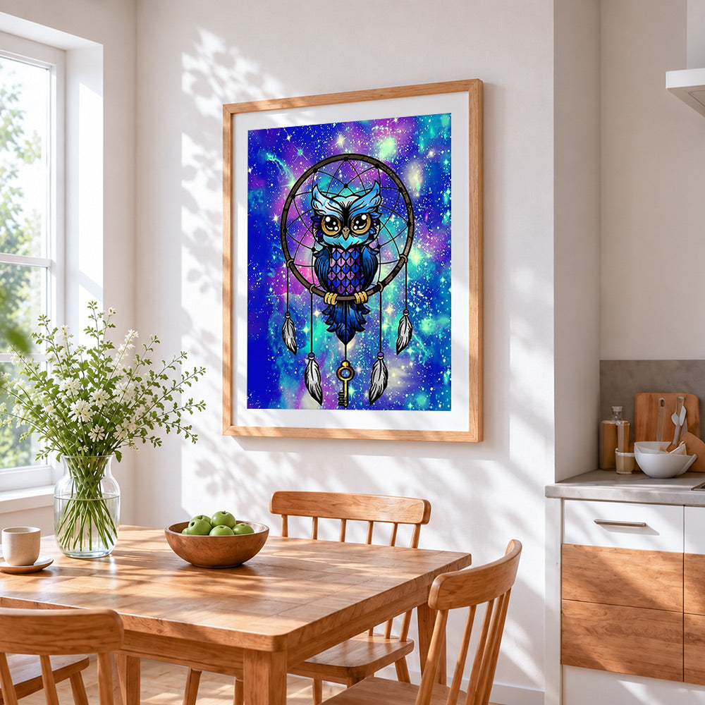 Owl in a fantasy dreamcatcher paint by numbers artwork displayed on wall as home decor