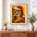 Finished owl in santa hat with christmas stocking cross stitch artwork displayed