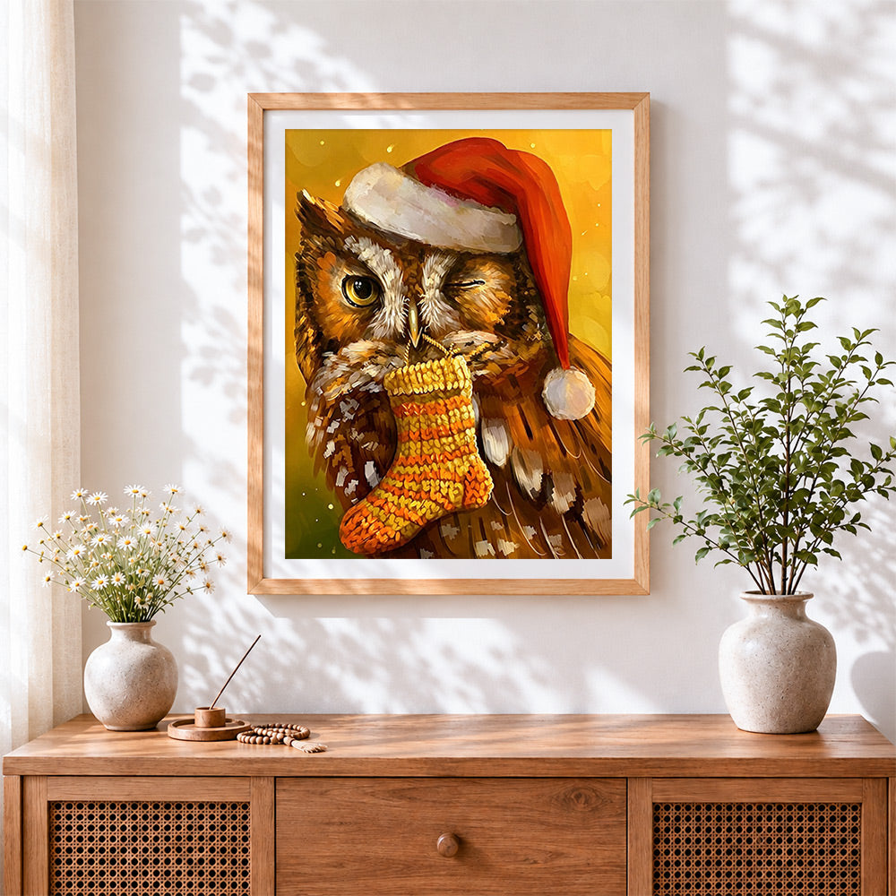Finished owl in santa hat with christmas stocking cross stitch artwork displayed