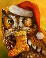Owl in santa hat with christmas stocking cross stitch kit for beginners