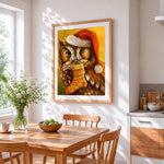 Owl in santa hat with christmas stocking cross stitch artwork displayed on wall as home decor