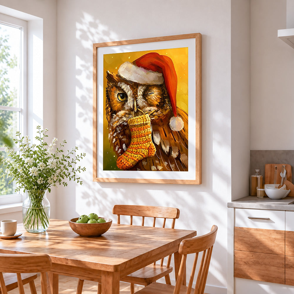 Owl in santa hat with christmas stocking cross stitch artwork displayed on wall as home decor