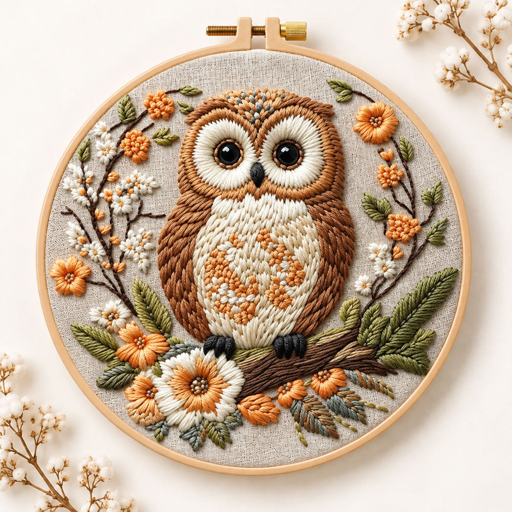Owl on blossom branch embroidery kit