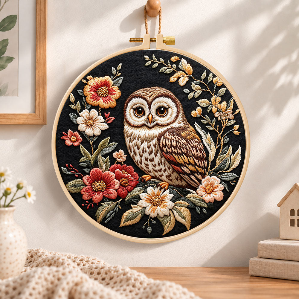 Owl on dark floral embroidery hoop wall art displayed as warm and cosy handmade home decor