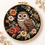 Owl on dark floral embroidery kit