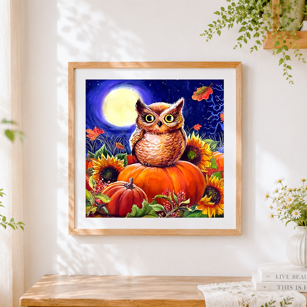 Finished owl on pumpkins and sunflowers cross stitch artwork displayed