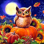 Owl on pumpkins and sunflowers cross stitch kit for beginners