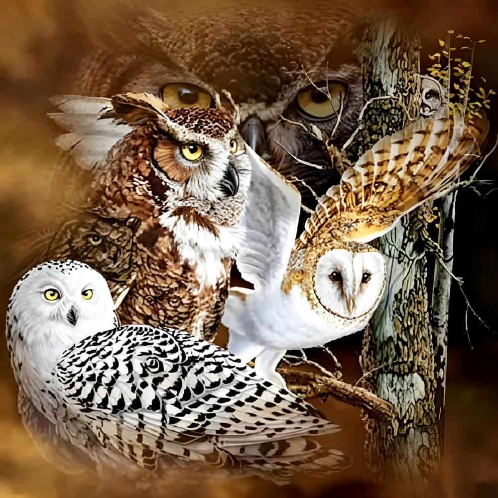 Owl species collage cross stitch kit for beginners