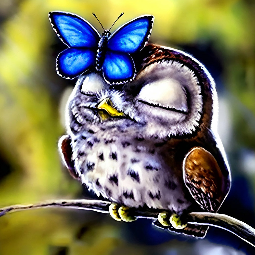 Owl with blue butterfly cross stitch kit for beginners
