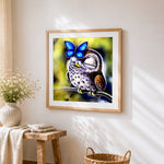 Owl with blue butterfly cross stitch artwork displayed on wall as home decor