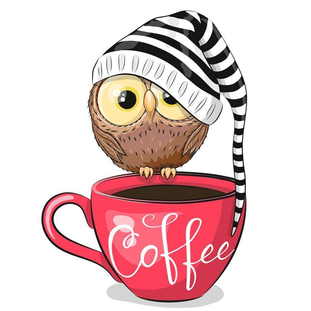 Owl with coffee and bobble hat cross stitch kit for beginners