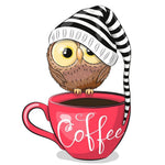 Owl with coffee and bobble hat cross stitch kit for beginners