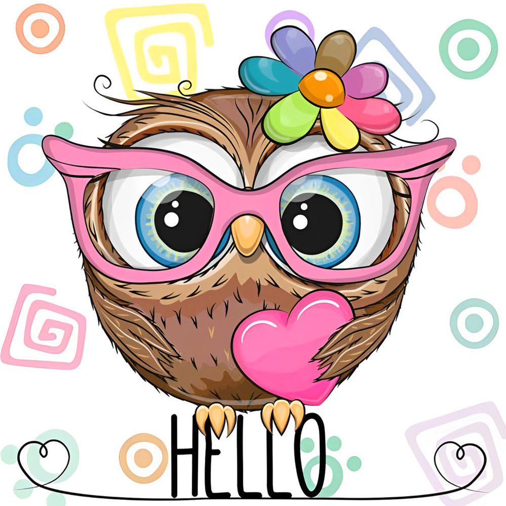 Owl with pink glasses and heart cross stitch kit for beginners