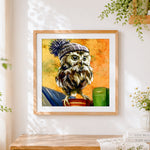 Finished owl with winter bobble hat cross stitch artwork displayed