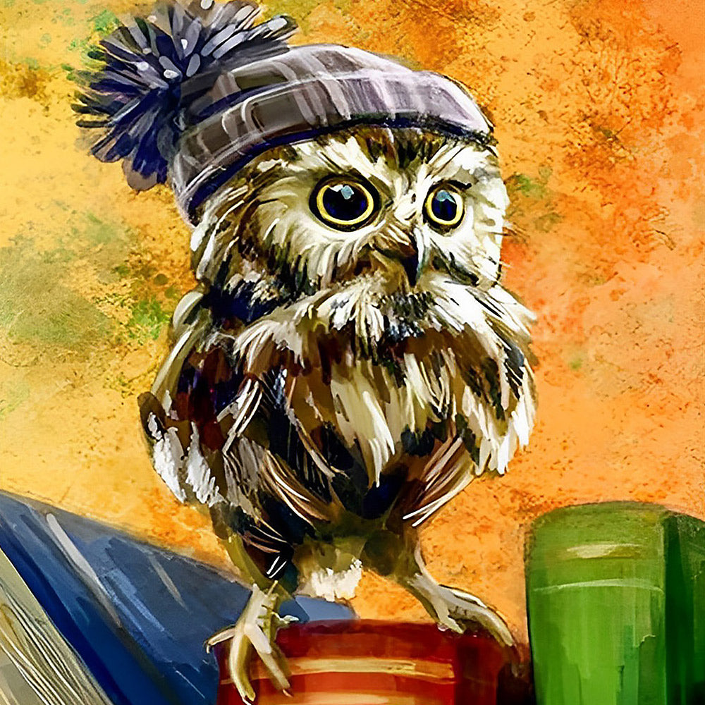 Owl with winter bobble hat cross stitch kit for beginners