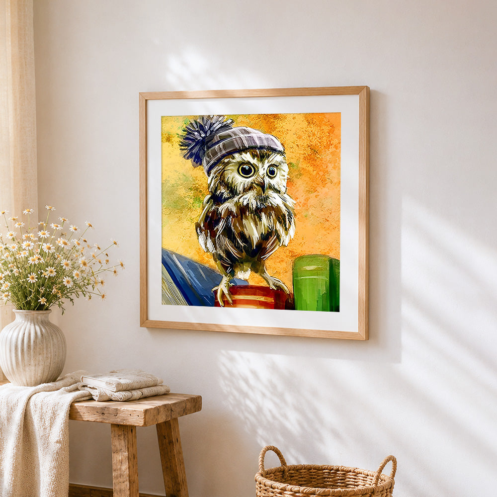 Owl with winter bobble hat cross stitch artwork displayed on wall as home decor