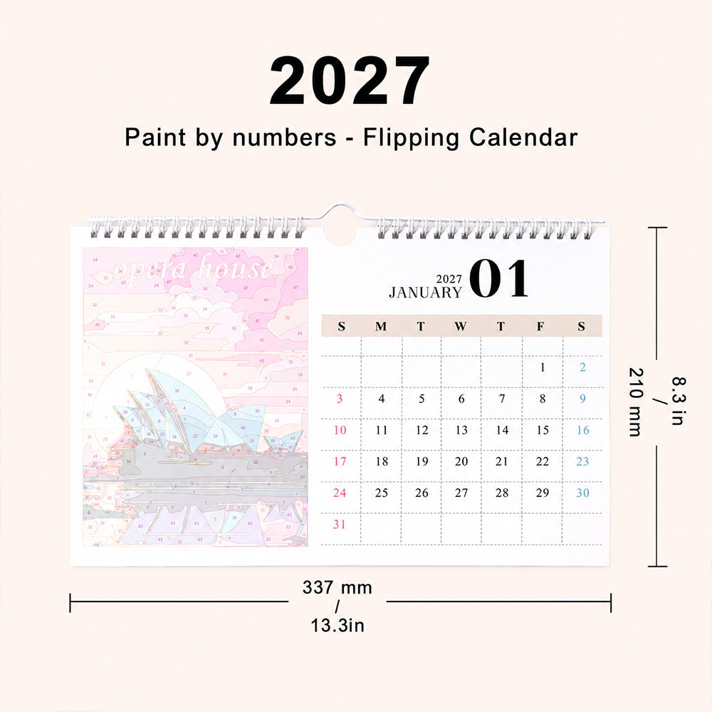 Around the World Paint by Numbers Calendar showing the numbered Sydney Opera House illustration and calendar dimensions