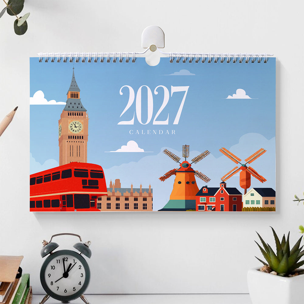 Around the World paint by numbers calendar cover featuring London and Netherlands landmarks displayed on a wall
