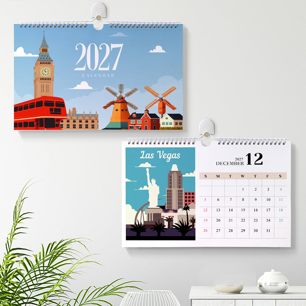 Around the World Paint by Numbers Calendar displayed on a wall showing the travel-themed cover and December Las Vegas illustration