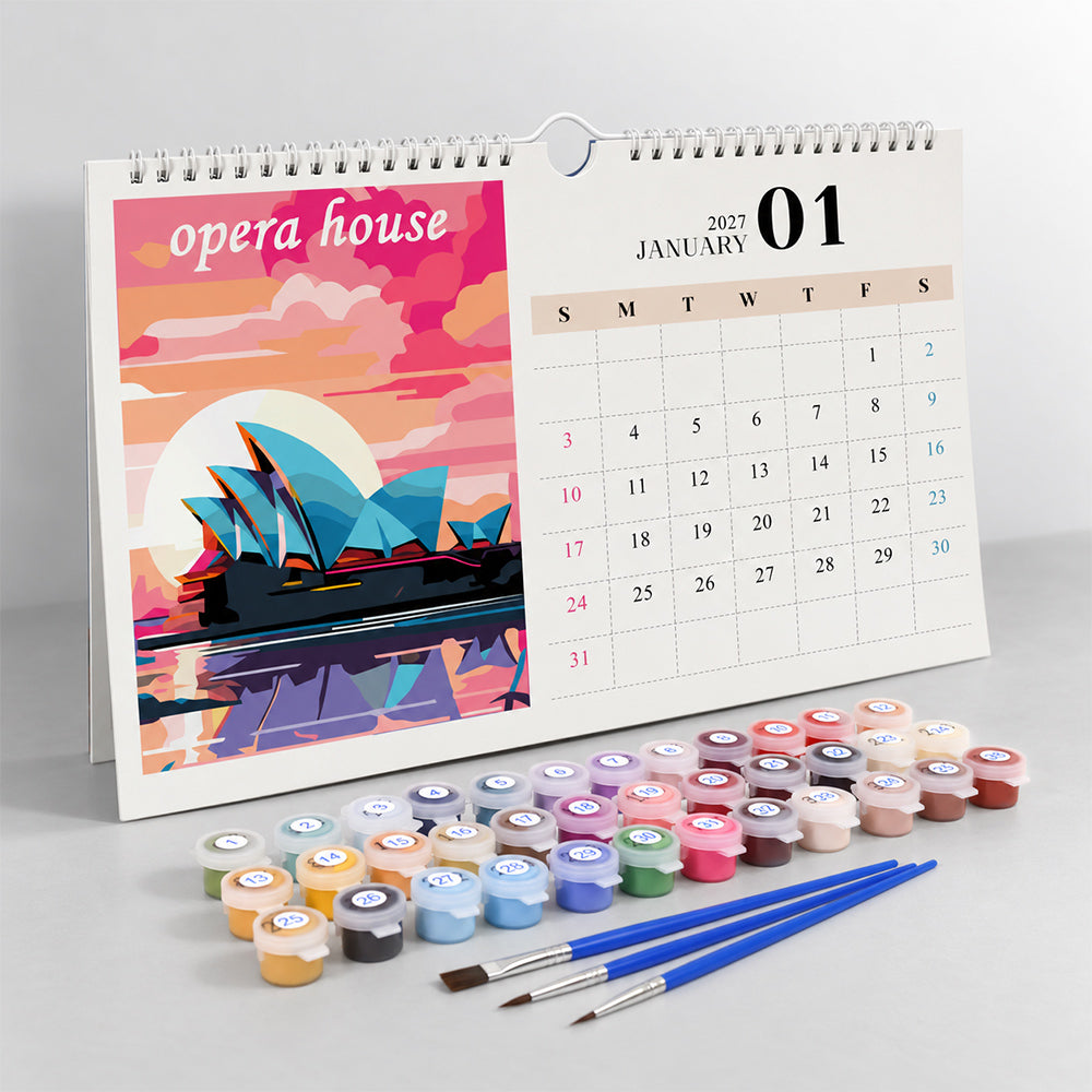 Paint by Numbers Calendar- Around the World featuring the Sydney Opera House with included paints and brushes
