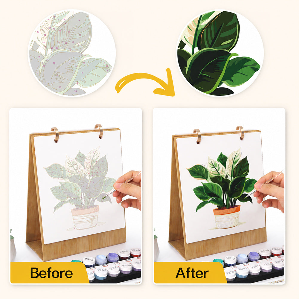 Before and after comparison showing a numbered potted plant illustration transformed into a finished botanical painting