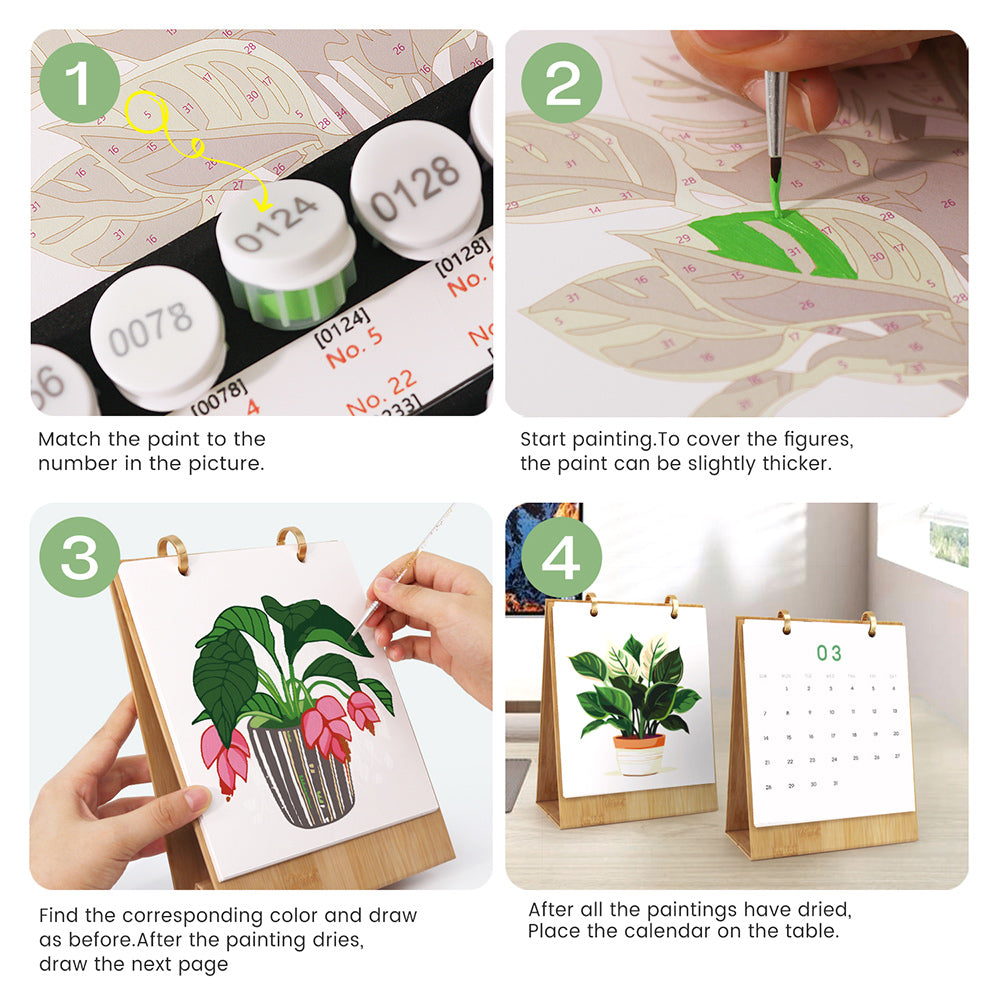 Step-by-step instructions for painting botanical designs and displaying the finished desk calendar