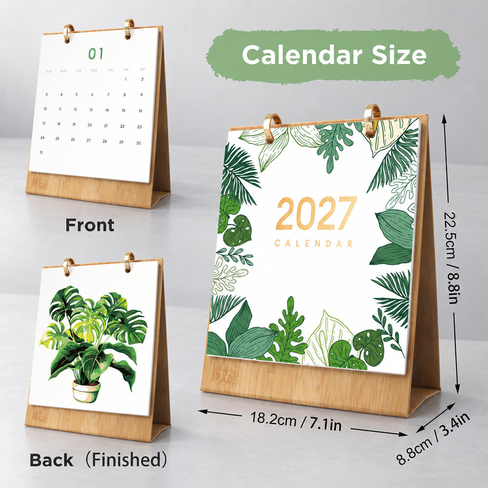 Botanical Greens Paint by Numbers Desk Calendar showing its dimensions, wooden stand and front and back display