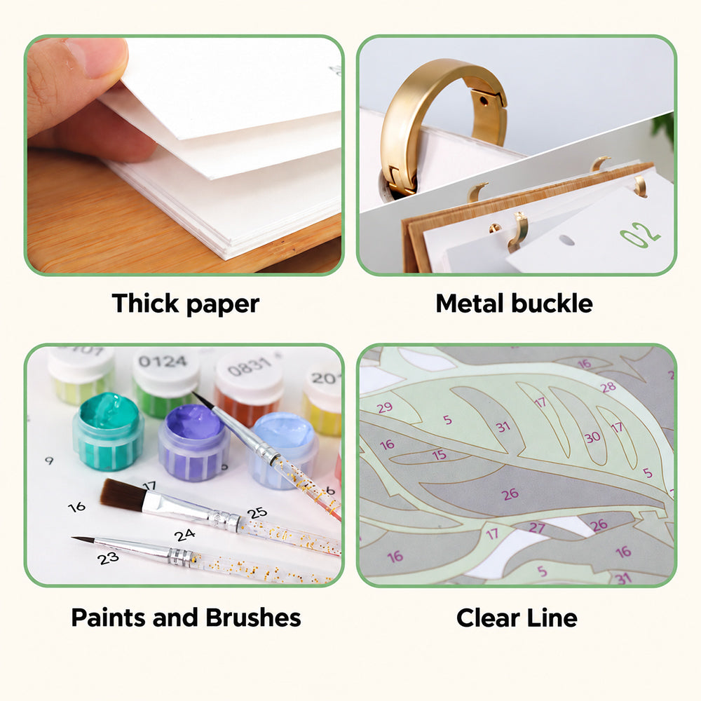 Close-up details of thick paper, gold metal binder rings, numbered paints, brushes and printed painting outlines
