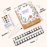Floral Blooms Paint by Numbers Calendar kit with wooden desk stand, paints, brushes and reference guide