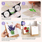 Step-by-step instructions for painting floral designs and displaying the finished desk calendar