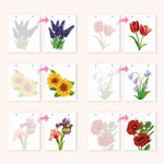 Before and after examples of six floral paint by numbers designs, including lavender, tulips and sunflowers