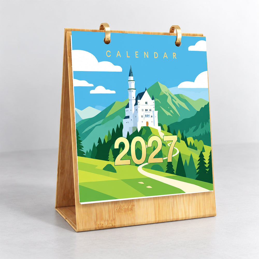 Iconic Landmarks Paint by Numbers Calendar displayed upright on a wooden stand with a scenic castle illustration