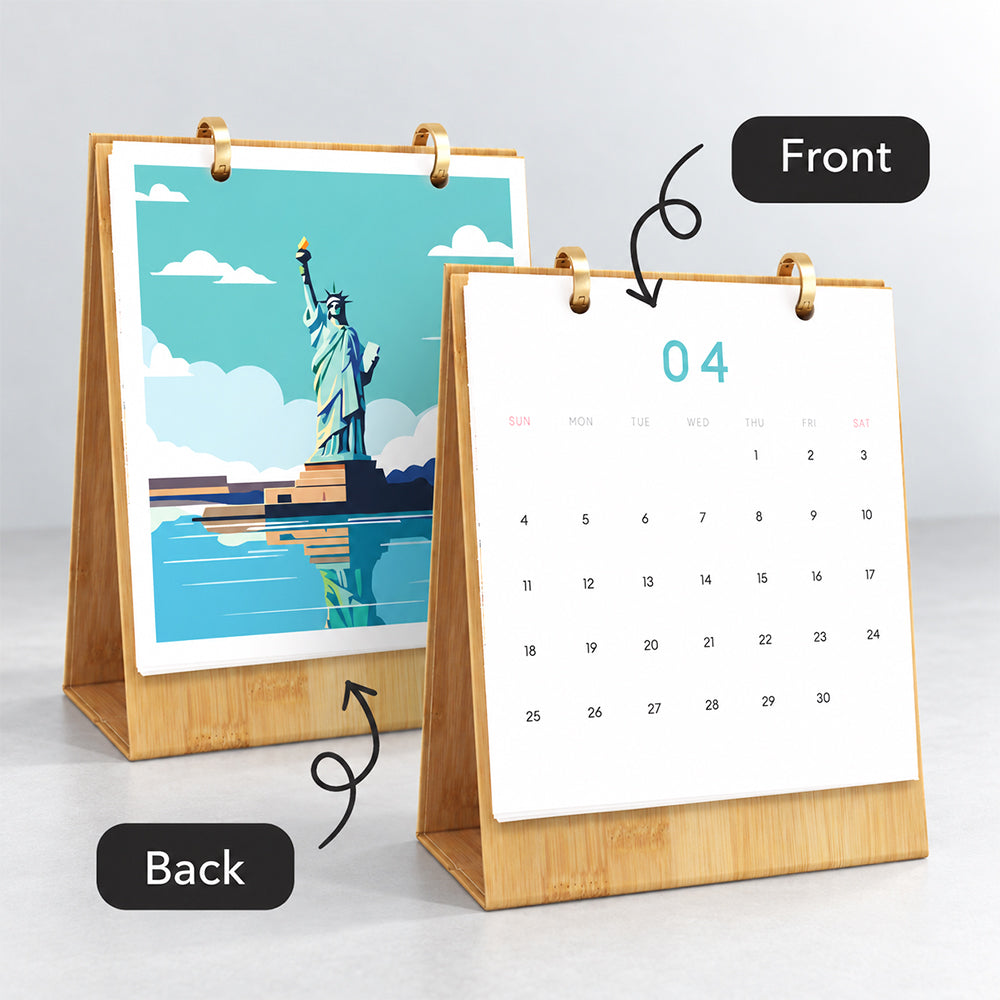 Front and back view of the Iconic Landmarks desk calendar showing monthly dates and a finished Statue of Liberty painting