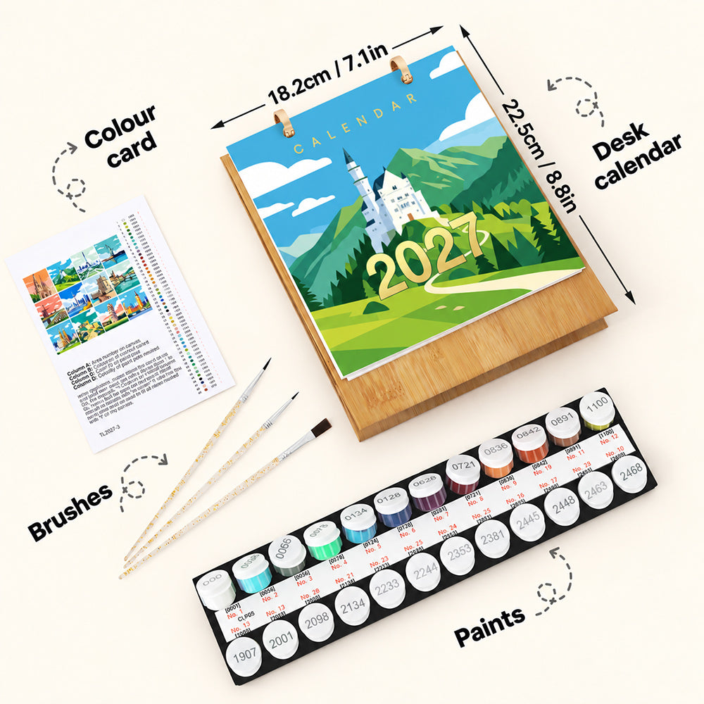 Iconic Landmarks Paint by Numbers Calendar kit with wooden desk stand, numbered paints, brushes and reference guide