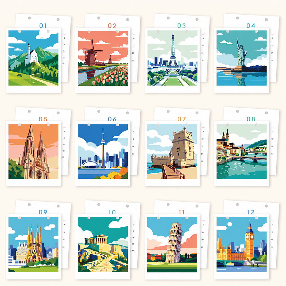 All 12 landmark painting designs featuring the Eiffel Tower, Statue of Liberty, Big Ben, Leaning Tower of Pisa and other famous landmarks