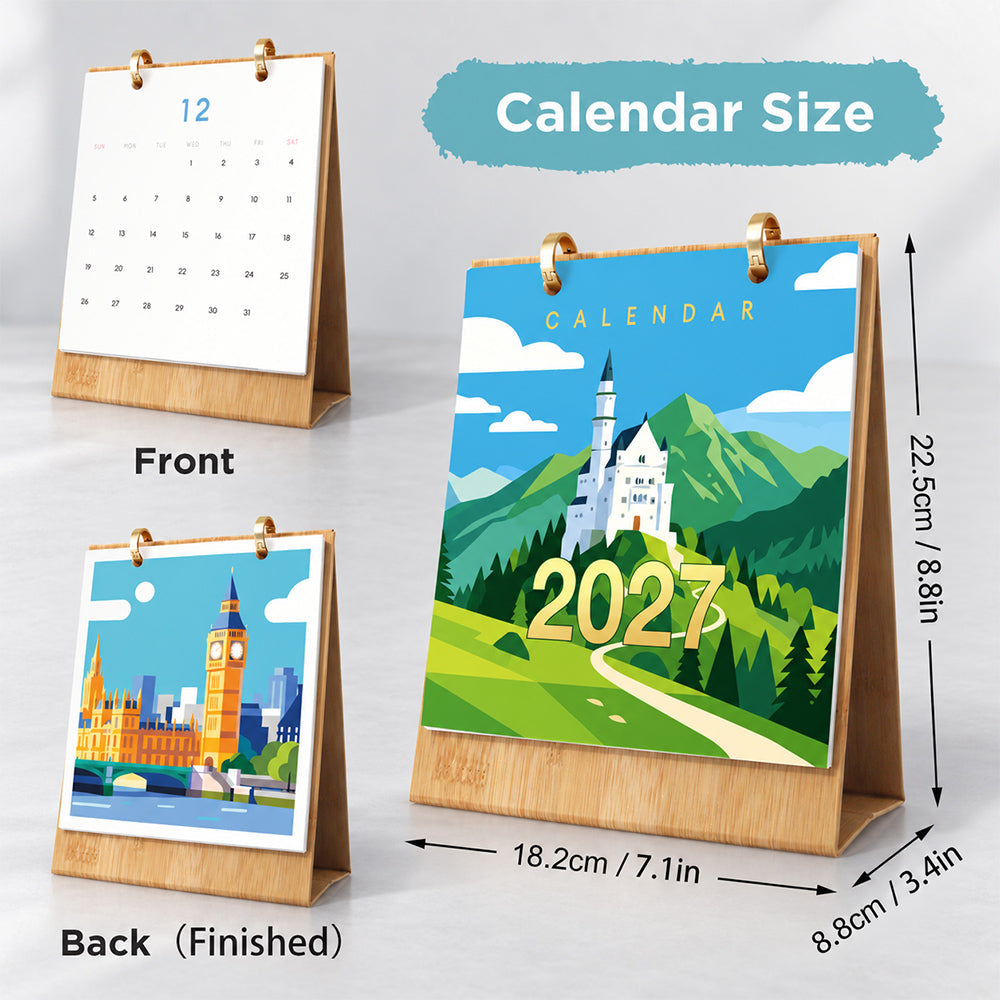 Iconic Landmarks Paint by Numbers Desk Calendar showing its dimensions, wooden stand and front and back display