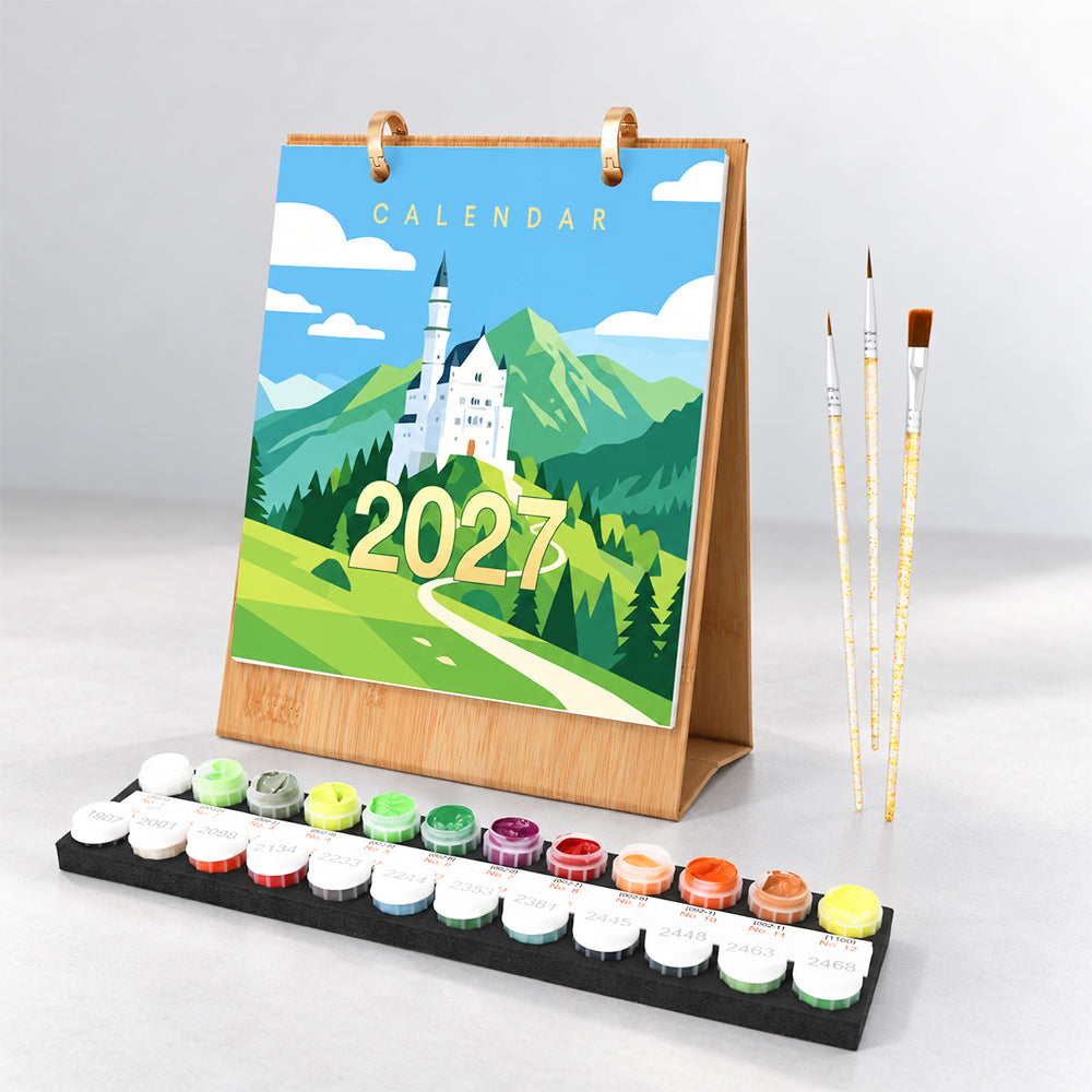 Iconic Landmarks Paint by Numbers Desk Calendar with wooden stand, castle-themed cover, numbered paints and brushes