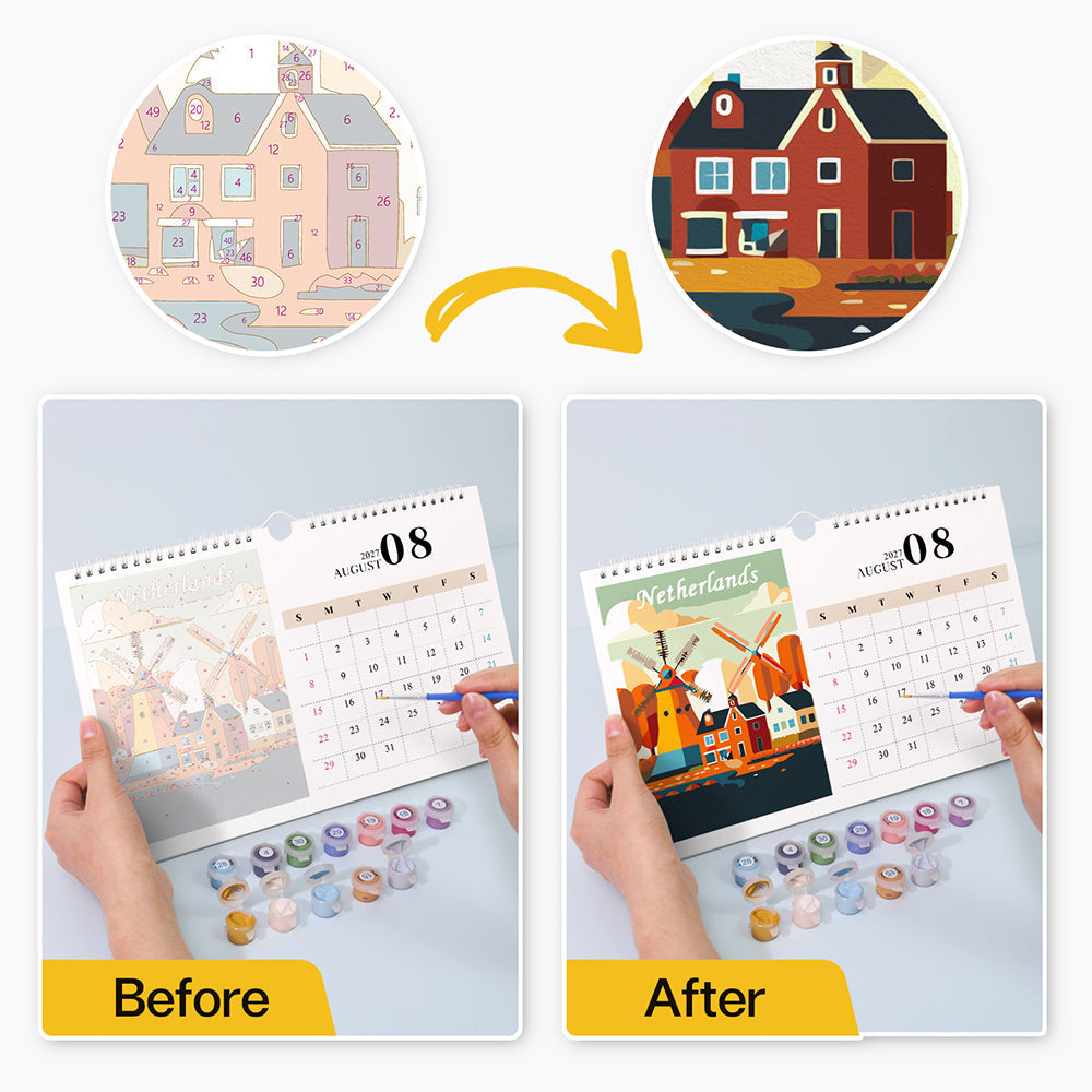 Before and after comparison of the Netherlands windmill painting on the August calendar