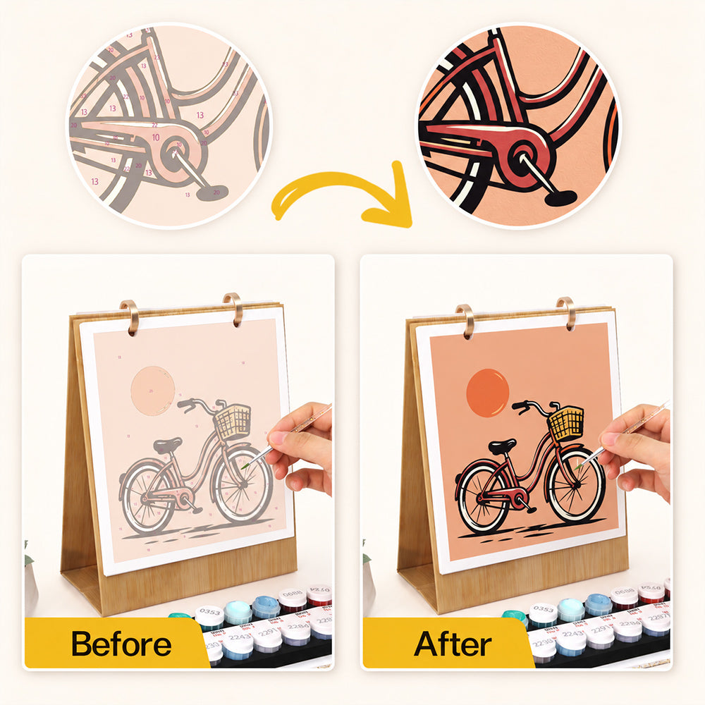 Before and after comparison showing a numbered vintage bicycle illustration transformed into a finished painting