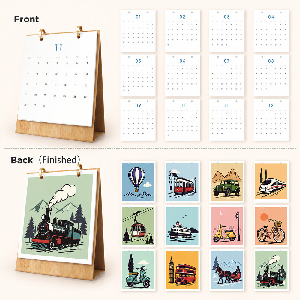 Complete front and back layout of the On the Move desk calendar featuring 12 monthly date pages and 12 transportation-themed paintings