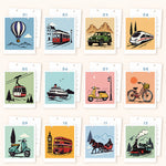 All 12 transportation-themed painting designs featuring hot air balloons, trains, bicycles, scooters, boats and other vehicles