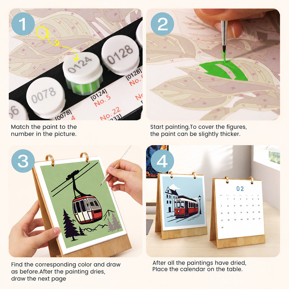 Step-by-step instructions for painting transportation-themed illustrations and displaying the finished desk calendar