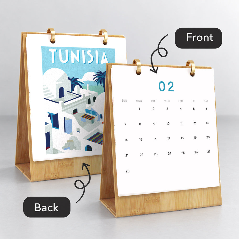 Front and back view of the Scenic Getaways desk calendar showing monthly dates and a finished Tunisia illustration
