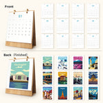 Complete front and back layout of the Scenic Getaways desk calendar featuring 12 monthly date pages and 12 travel paintings
