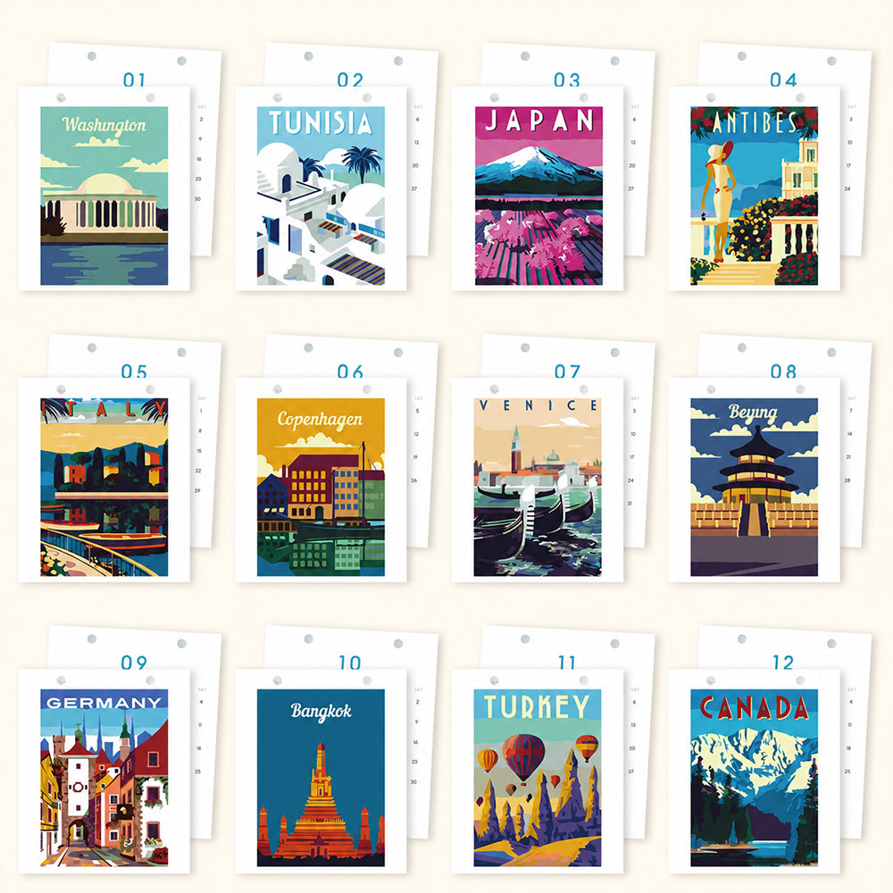 All 12 travel-themed painting designs featuring Japan, Venice, Copenhagen, Canada and other destinations