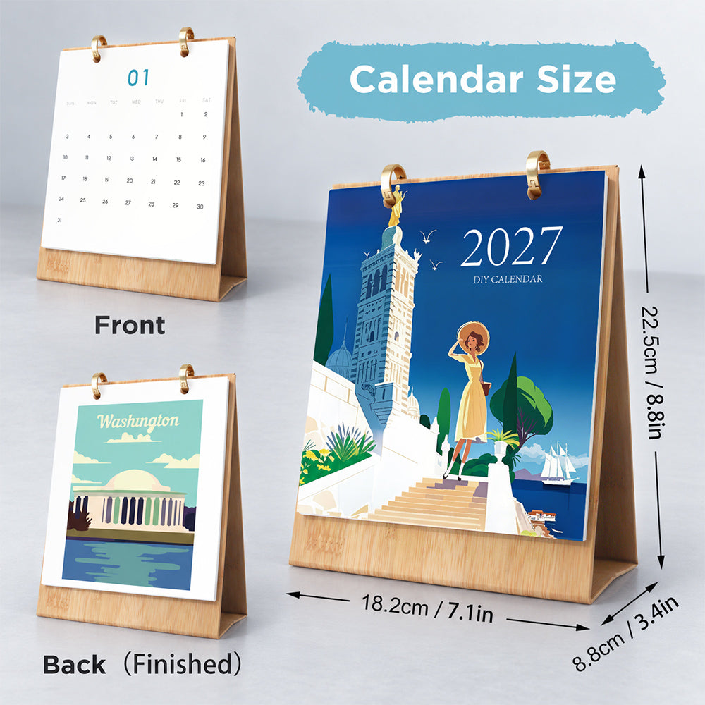 Scenic Getaways Paint by Numbers Desk Calendar showing its dimensions, wooden stand and front and back display