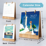 Scenic Getaways Paint by Numbers Desk Calendar showing its dimensions, wooden stand and front and back display