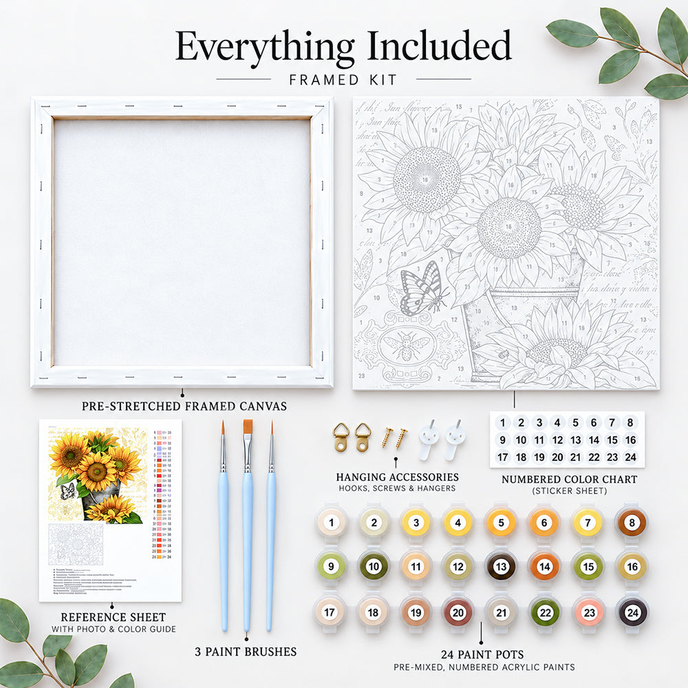 Everything included in a framed paint by numbers kit