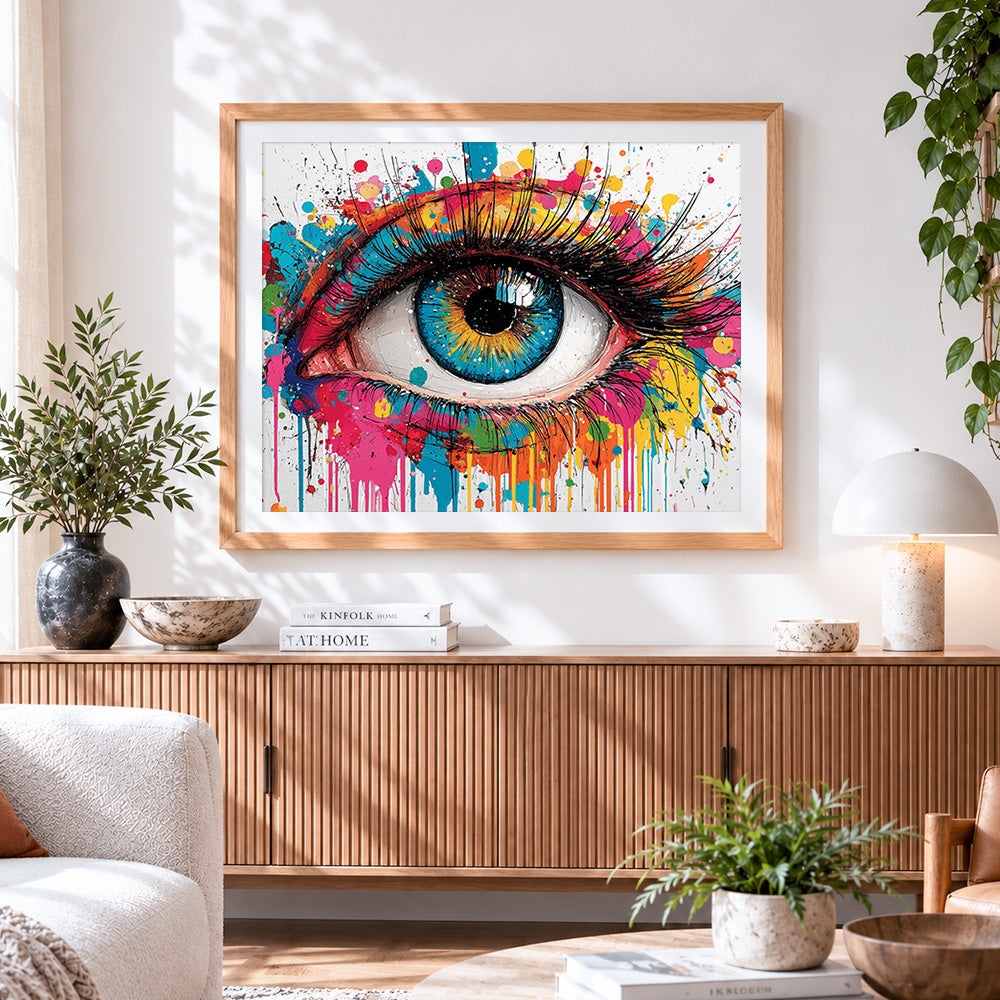 Finished paint splash colourful eye paint by numbers artwork displayed as home decor